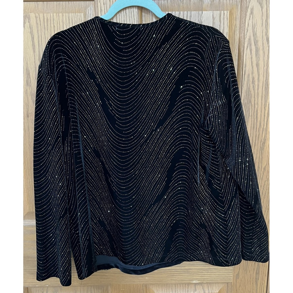 Black Long Sleeve Top Sparkle Studded Wave Pattern Textured Pullover